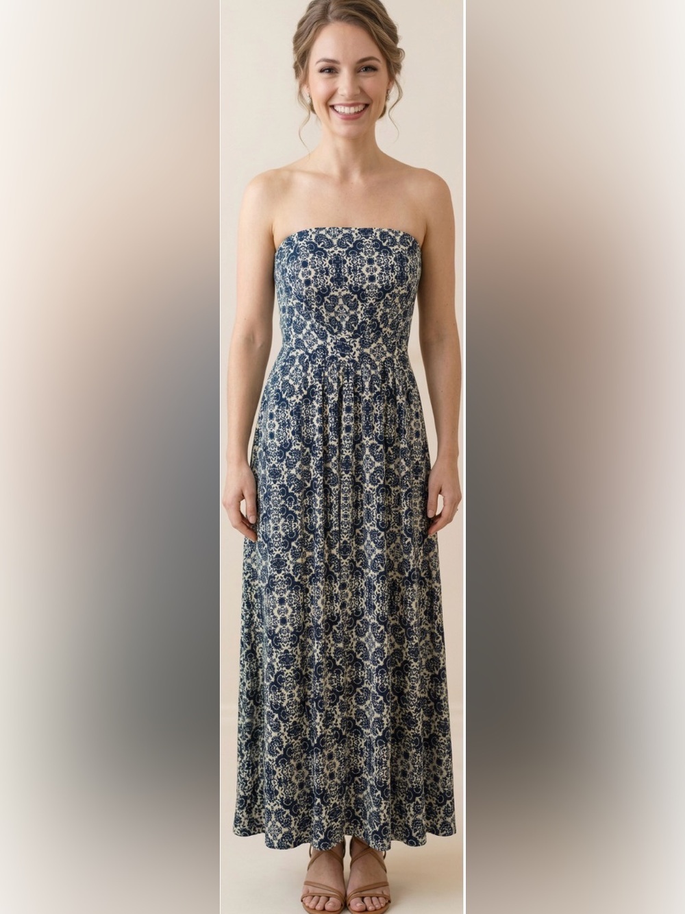 The Limited Blue and Cream Printed Strapless Dress Size Small